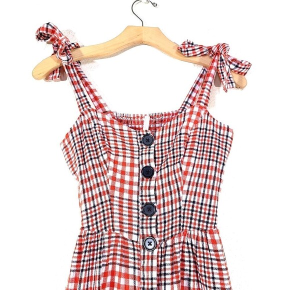 NEW Urban Outfitters UO Positano Linen Tie-Shoulder Midi Dress Red Gingham Small - Picture 2 of 10